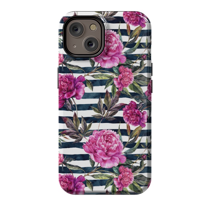 iPhone 14 StrongFit Pink peonies and black stripes by  Utart