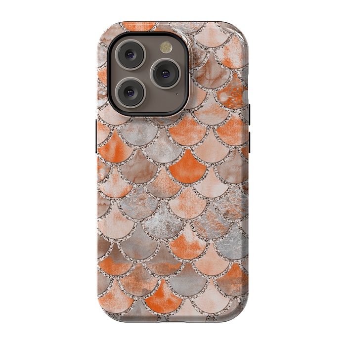 iPhone 14 Pro StrongFit Salmon Peach and Silver Glitter WAtercolor Mermaid Scales by  Utart
