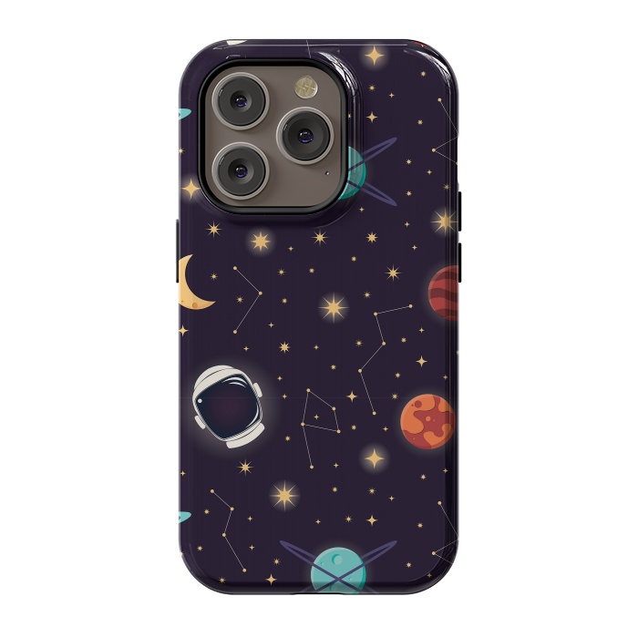 iPhone 14 Pro StrongFit Universe with planets, stars and astronaut helmet seamless pattern, cosmos starry night sky, vector illustration by Jelena Obradovic