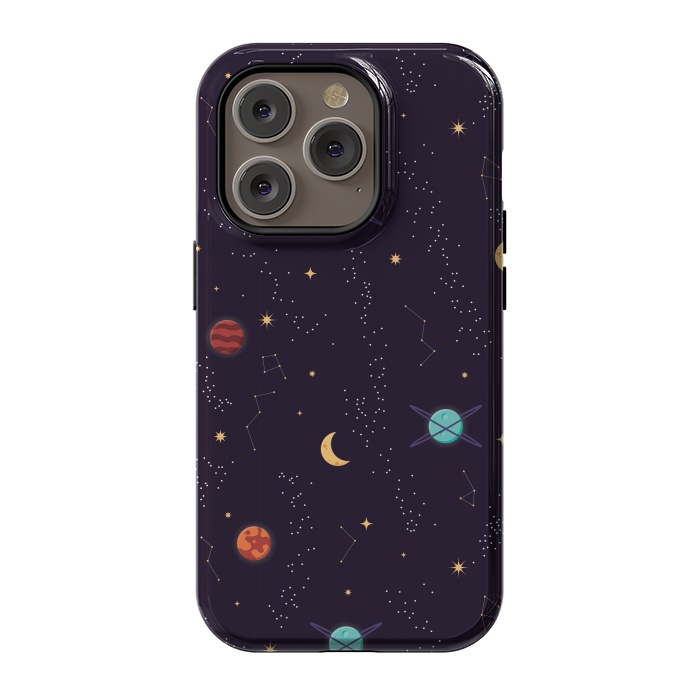 iPhone 14 Pro StrongFit Universe with planets and stars seamless pattern, cosmos starry night sky, vector illustration by Jelena Obradovic