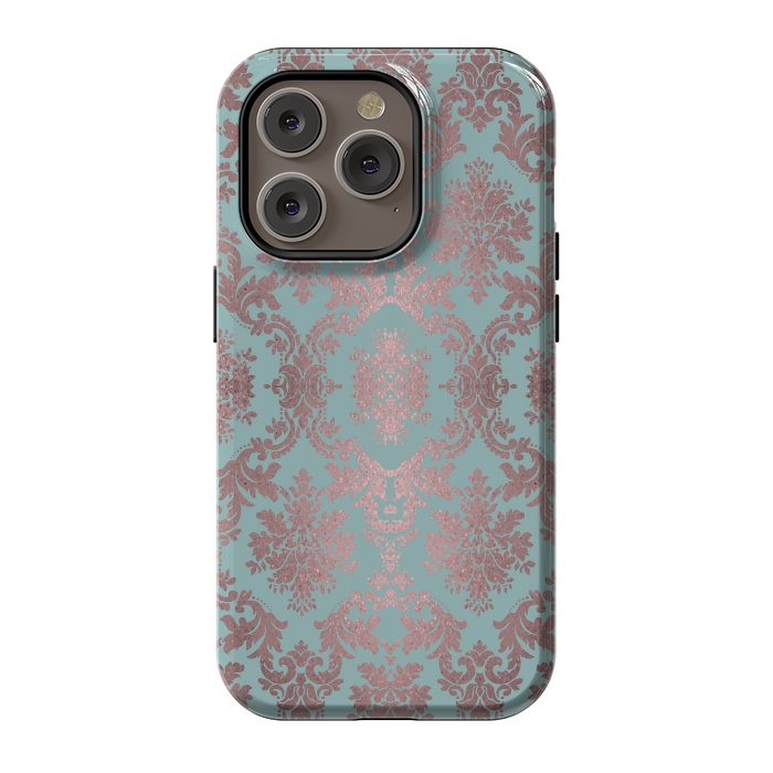iPhone 14 Pro StrongFit Rose Gold Teal Damask Pattern 2 by Andrea Haase