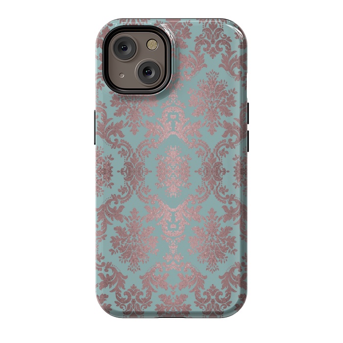 iPhone 14 StrongFit Rose Gold Teal Damask Pattern 2 by Andrea Haase