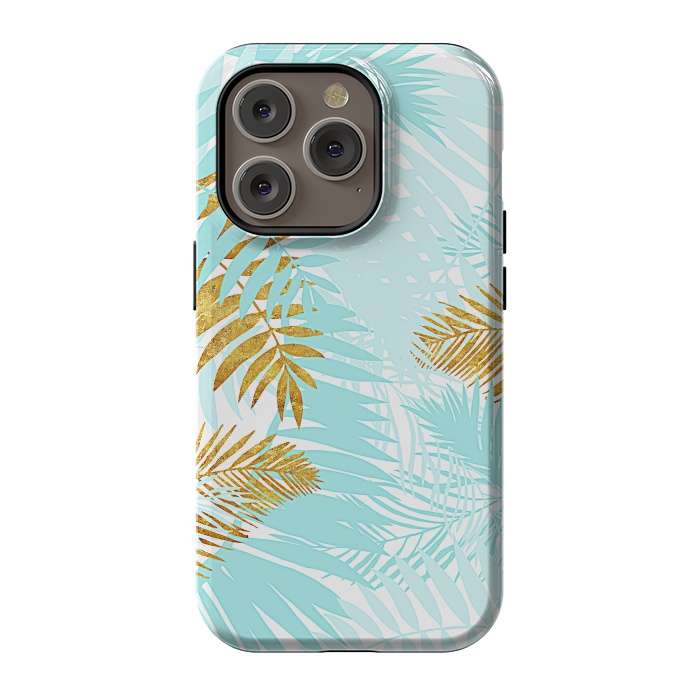 iPhone 14 Pro StrongFit Teal and Gold Palm Leaves by  Utart