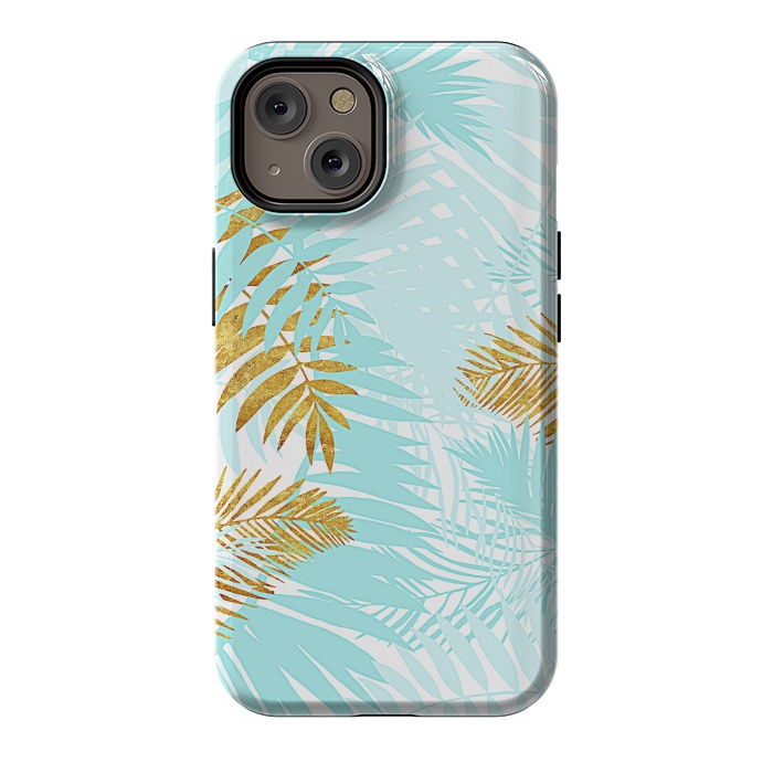 iPhone 14 StrongFit Teal and Gold Palm Leaves by  Utart