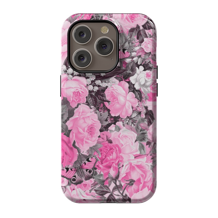 iPhone 14 Pro StrongFit Nostalgic Pink Rose And Butterfly Pattern by Andrea Haase