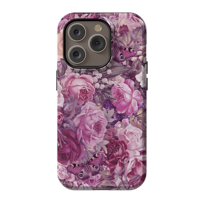 iPhone 14 Pro StrongFit Vintage Pink Rose Butterfly Pattern by Andrea Haase