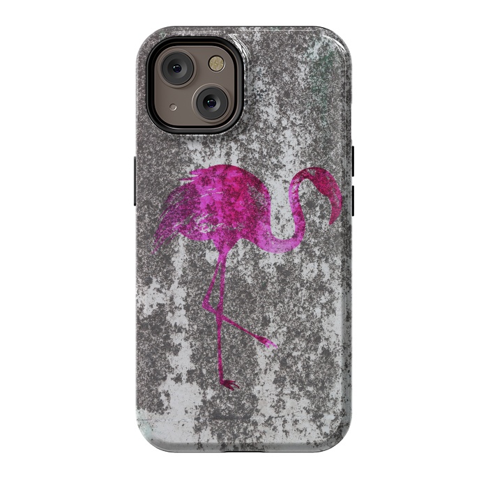 iPhone 14 StrongFit Pink Flamingo Bird On Grunge Wall by Andrea Haase