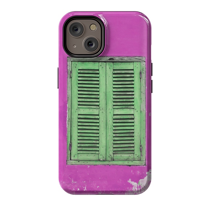 iPhone 14 StrongFit Turquoise Green Shutters In Pink Wall by Andrea Haase