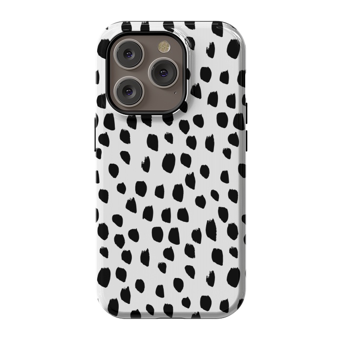 iPhone 14 Pro StrongFit Hand drawn black crazy polka dots on white by DaDo ART