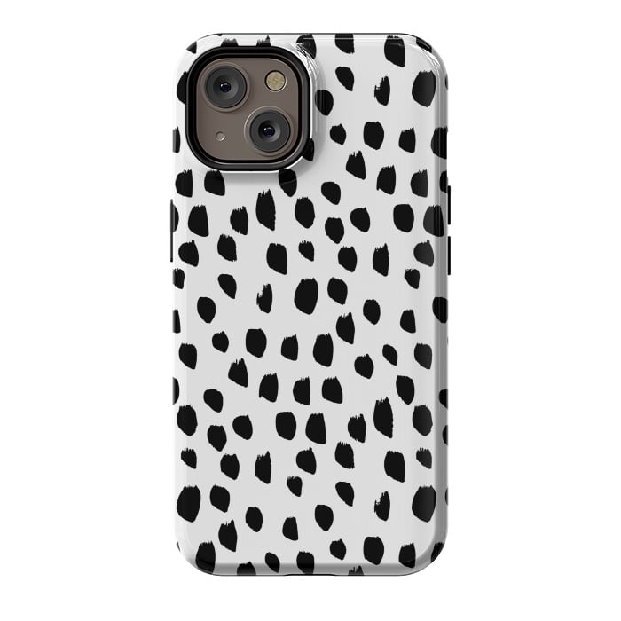 iPhone 14 StrongFit Hand drawn black crazy polka dots on white by DaDo ART