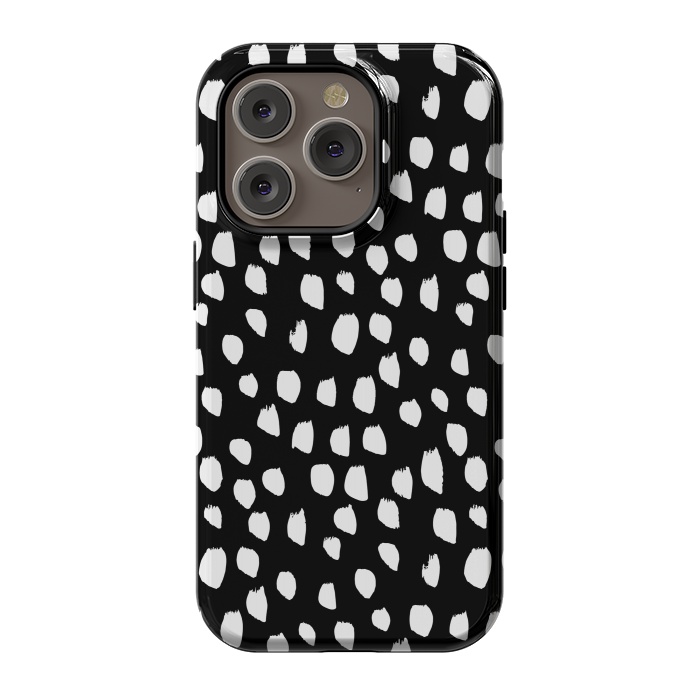 iPhone 14 Pro StrongFit Hand drawn crazy white polka dots on black by DaDo ART
