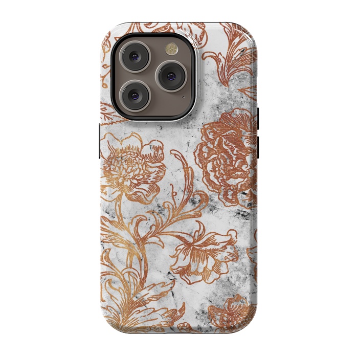 iPhone 14 Pro StrongFit Golden flowers line art on white marble by Oana 