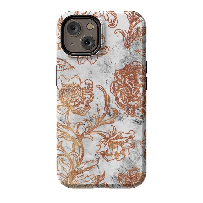 iPhone 14 StrongFit Golden flowers line art on white marble by Oana 