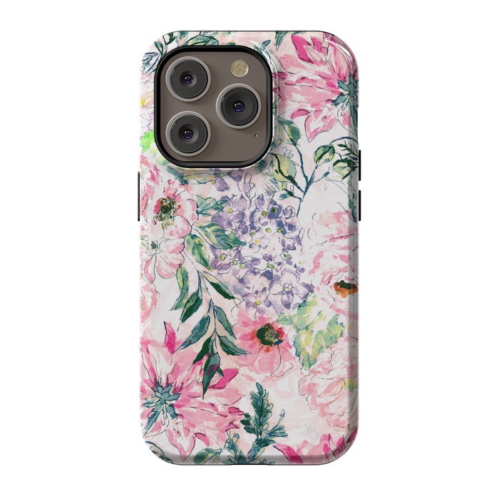 iPhone 14 Pro StrongFit Boho chic watercolor pink floral hand paint by InovArts