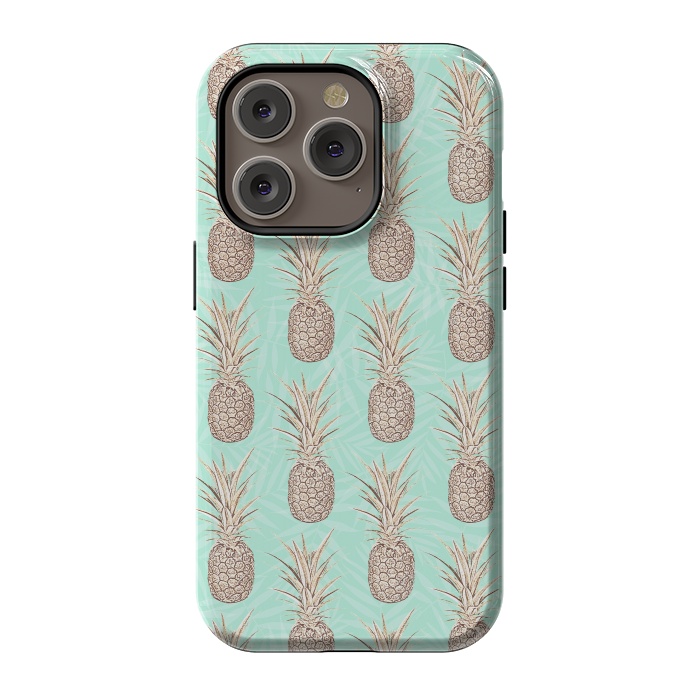 iPhone 14 Pro StrongFit Golden and mint pineapples pattern by InovArts