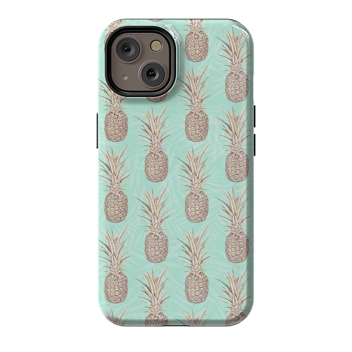 iPhone 14 StrongFit Golden and mint pineapples pattern by InovArts