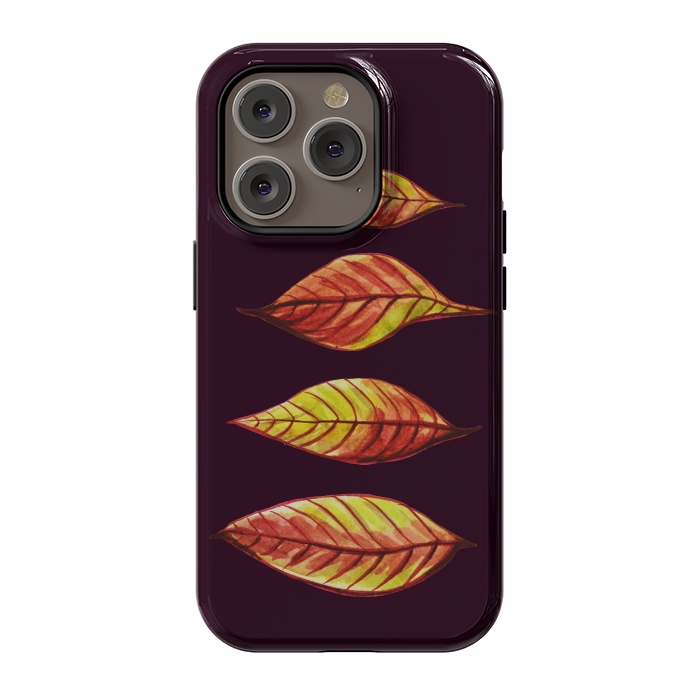 iPhone 14 Pro StrongFit Four Red Yellow Ink Watercolor Painted Autumn Leaves by Boriana Giormova