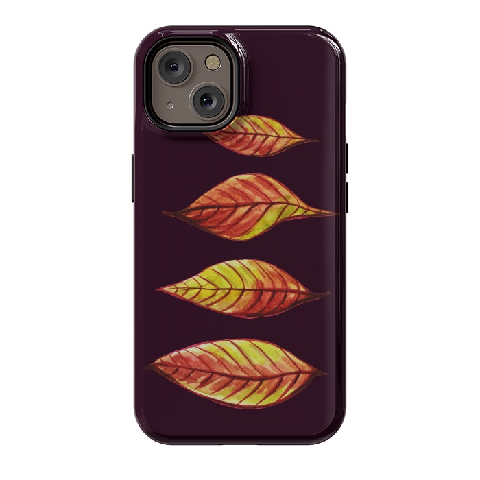 iPhone 14 StrongFit Four Red Yellow Ink Watercolor Painted Autumn Leaves by Boriana Giormova