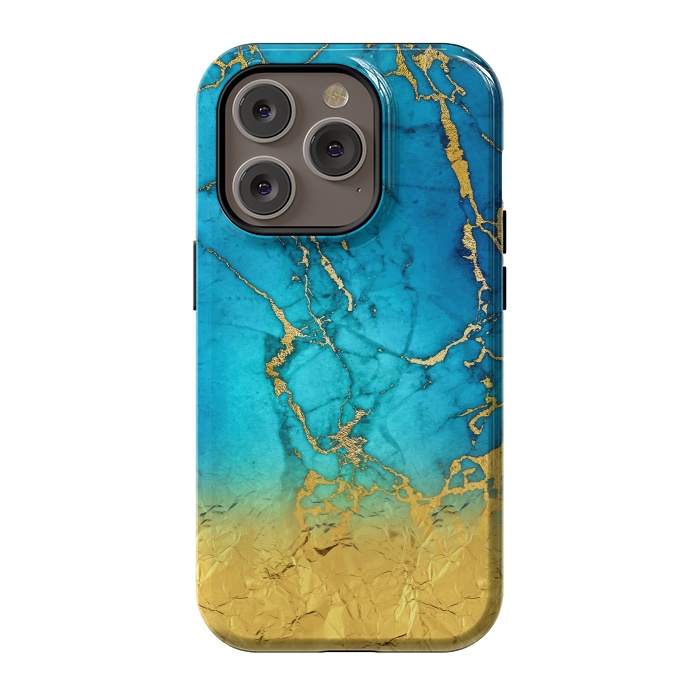 iPhone 14 Pro StrongFit Sea Blue and Sun Gold Marble and Glitter by  Utart