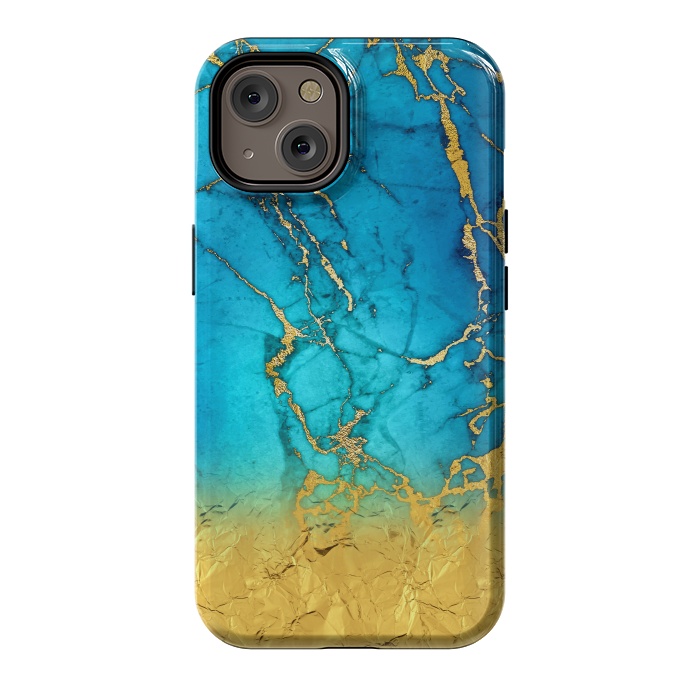 iPhone 14 StrongFit Sea Blue and Sun Gold Marble and Glitter by  Utart