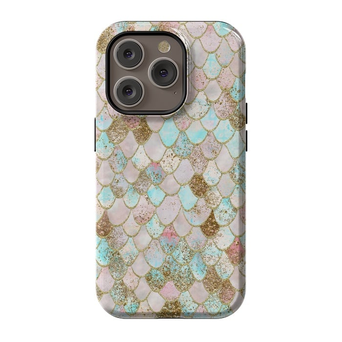 iPhone 14 Pro StrongFit Watercolor Wonky Gold Glitter Pastel Summer Mermaid Scales  by  Utart