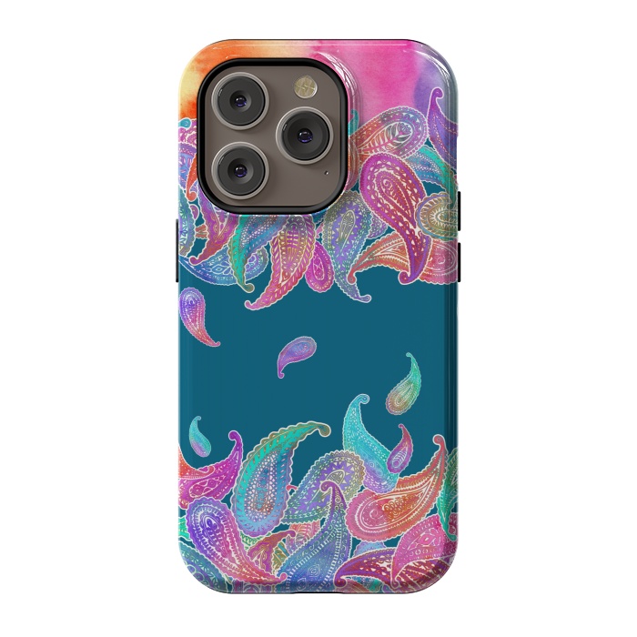 iPhone 14 Pro StrongFit Rainbow Paisley Rain on Blue by Micklyn Le Feuvre