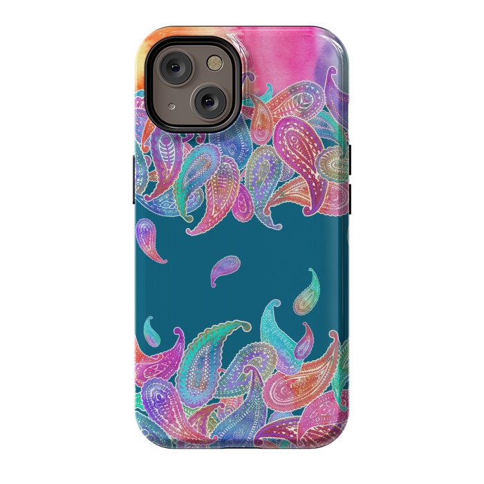 iPhone 14 StrongFit Rainbow Paisley Rain on Blue by Micklyn Le Feuvre