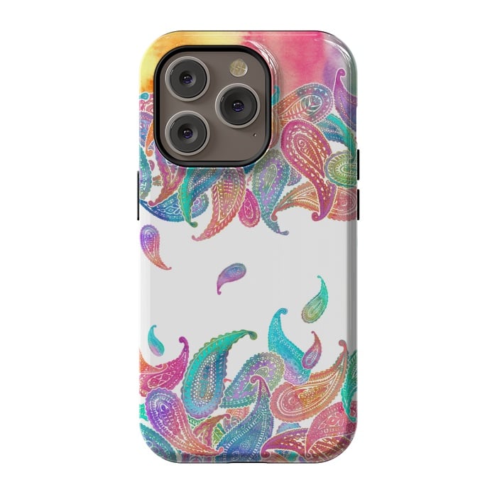 iPhone 14 Pro StrongFit Rainbow Paisley Rain on White by Micklyn Le Feuvre