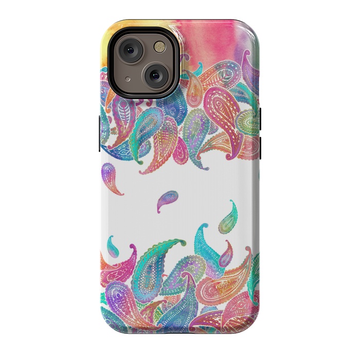 iPhone 14 StrongFit Rainbow Paisley Rain on White by Micklyn Le Feuvre