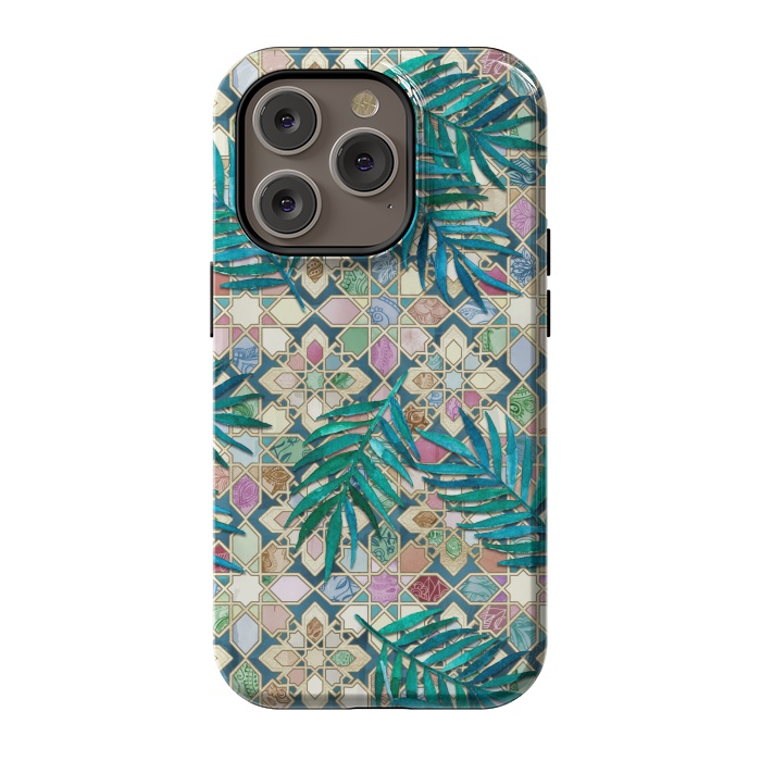 iPhone 14 Pro StrongFit Muted Moroccan Mosaic Tiles with Palm Leaves by Micklyn Le Feuvre