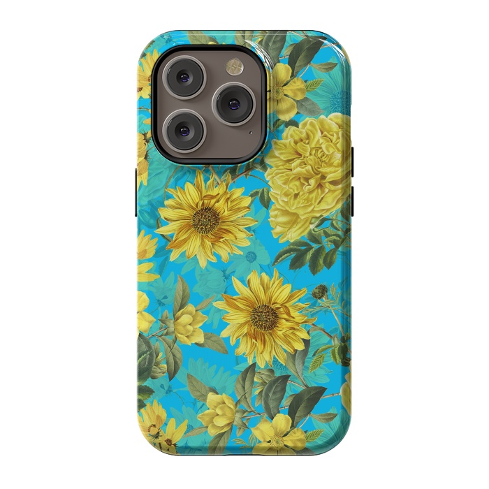 iPhone 14 Pro StrongFit Sunflowers and Yellow Roses on Teal Pattern by  Utart