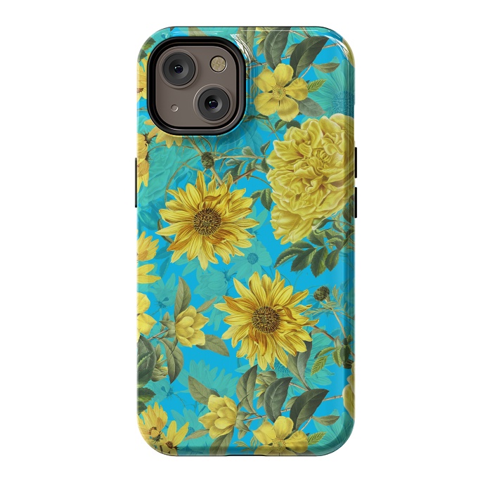 iPhone 14 StrongFit Sunflowers and Yellow Roses on Teal Pattern by  Utart