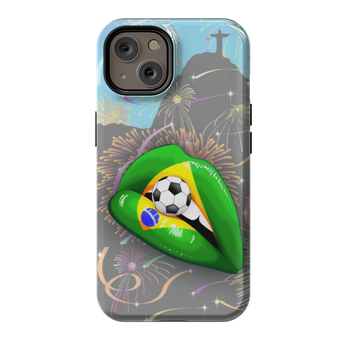 iPhone 14 StrongFit  Brazil Flag Lipstick Soccer Supporters on Sensual Woman's Lips by BluedarkArt
