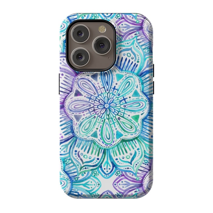 iPhone 14 Pro StrongFit Iridescent Aqua and Purple Watercolor Mandala by Micklyn Le Feuvre