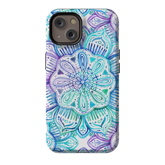 iPhone 14 StrongFit Iridescent Aqua and Purple Watercolor Mandala by Micklyn Le Feuvre