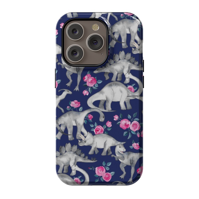 iPhone 14 Pro StrongFit Dinosaurs and Roses on Dark Blue Purple by Micklyn Le Feuvre