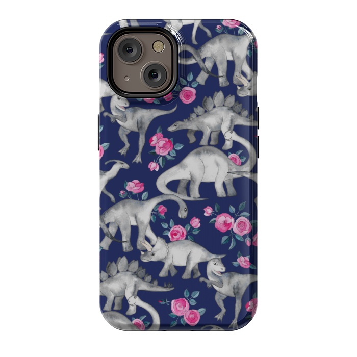 iPhone 14 StrongFit Dinosaurs and Roses on Dark Blue Purple by Micklyn Le Feuvre