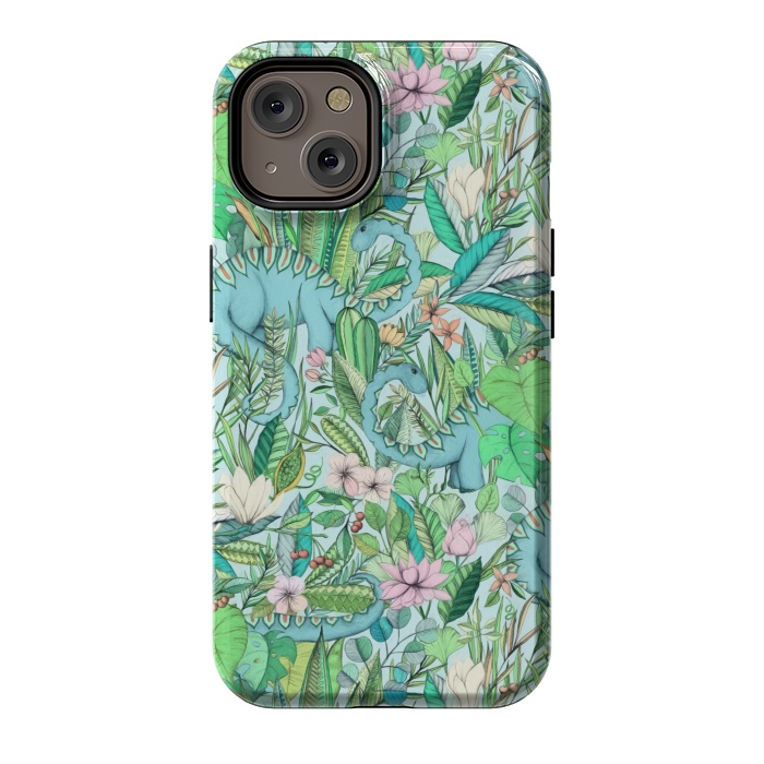 iPhone 14 StrongFit Summer Floral with Dinosaurs by Micklyn Le Feuvre