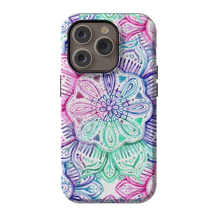 iPhone 14 Pro StrongFit Watercolor Mandala in Mint, Magenta and Purple by Micklyn Le Feuvre