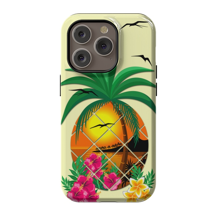 iPhone 14 Pro StrongFit Pineapple Tropical Sunset, Palm Tree and Flowers by BluedarkArt