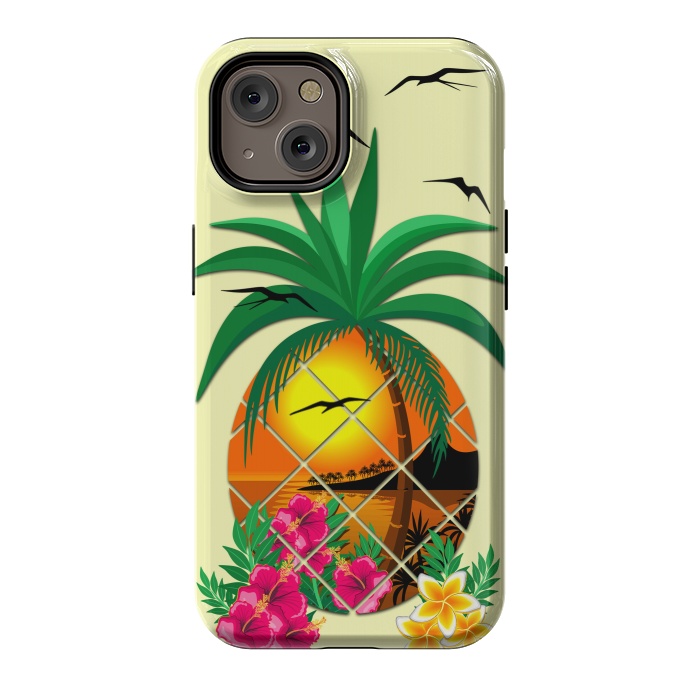 iPhone 14 StrongFit Pineapple Tropical Sunset, Palm Tree and Flowers by BluedarkArt