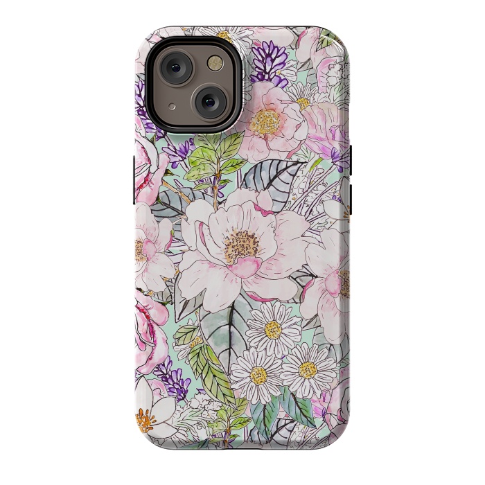 iPhone 14 StrongFit Watercolor garden peonies floral hand paint  by InovArts