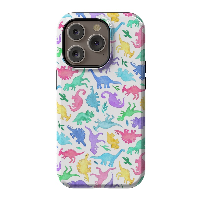 iPhone 14 Pro StrongFit Ditsy Dinos in Bright Pastels on White by Micklyn Le Feuvre