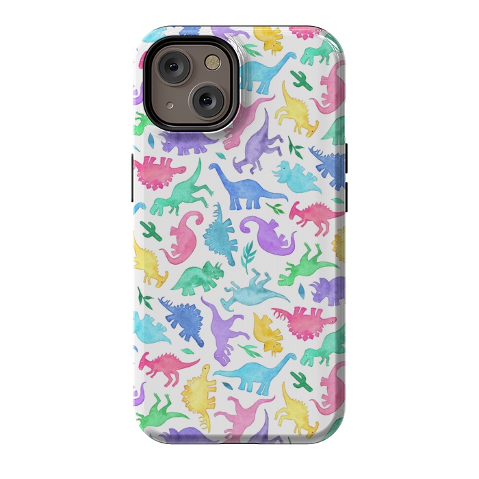 iPhone 14 StrongFit Ditsy Dinos in Bright Pastels on White by Micklyn Le Feuvre