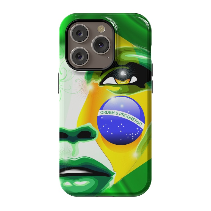 iPhone 14 Pro StrongFit Brazil Flag Colors on Beautiful Girl Portrait by BluedarkArt