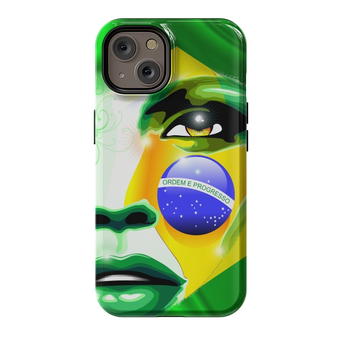 iPhone 14 StrongFit Brazil Flag Colors on Beautiful Girl Portrait by BluedarkArt