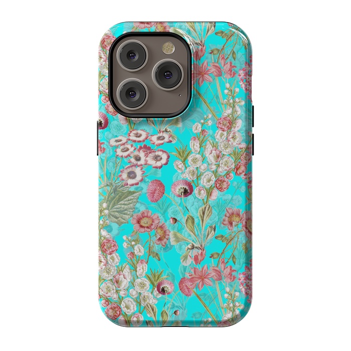 iPhone 14 Pro StrongFit White & Pink Flowers on Teal by  Utart