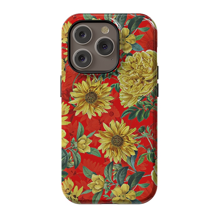 iPhone 14 Pro StrongFit Sunflowers and Roses on Red by  Utart