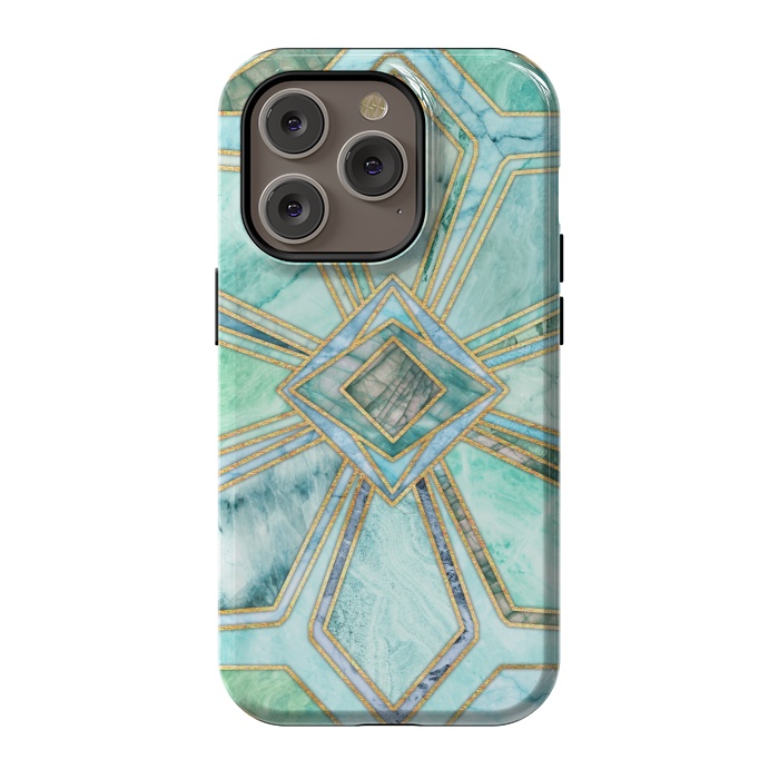 iPhone 14 Pro StrongFit Geometric Gilded Stone Tiles in Mint and Jade Green by Micklyn Le Feuvre