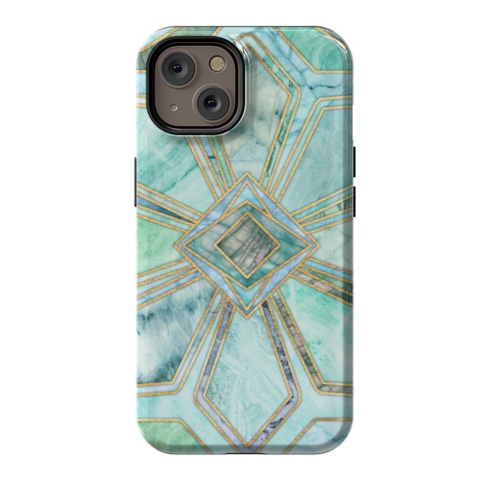 iPhone 14 StrongFit Geometric Gilded Stone Tiles in Mint and Jade Green by Micklyn Le Feuvre